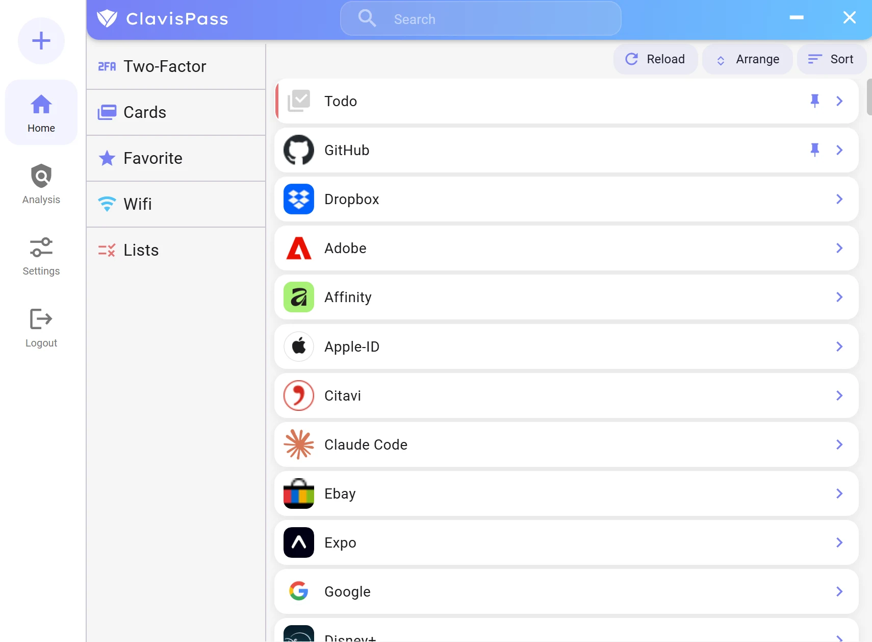 ClavisPass Desktop-App mit Vault-Liste